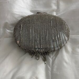Olga Berg Silver Rhinestone Fringe Clutch